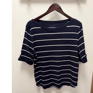 Talbots Women's Deep Navy White Striped Boat Neck Rolled Sleeve T-Shirt Top XL